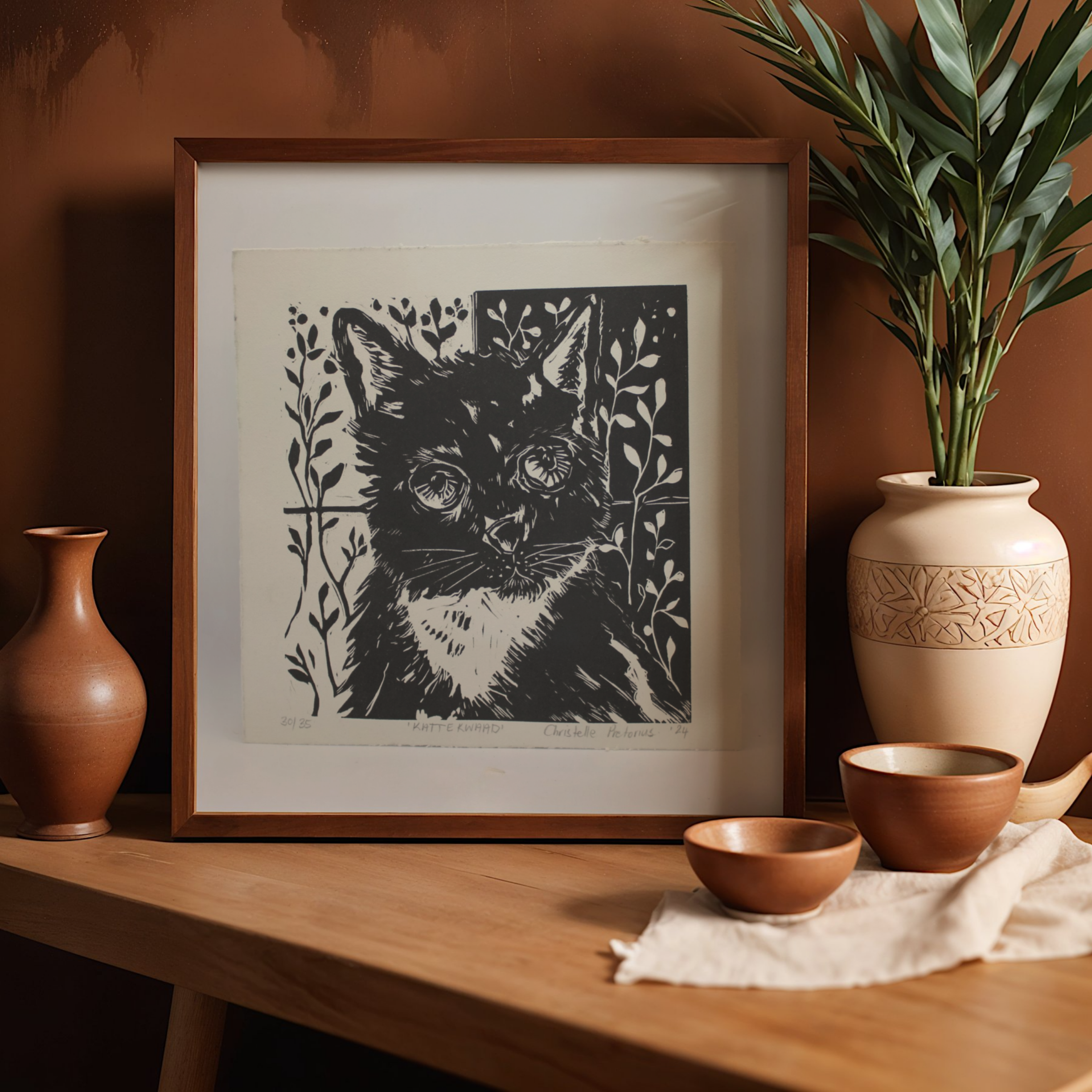 Kattekwaad - Lino print