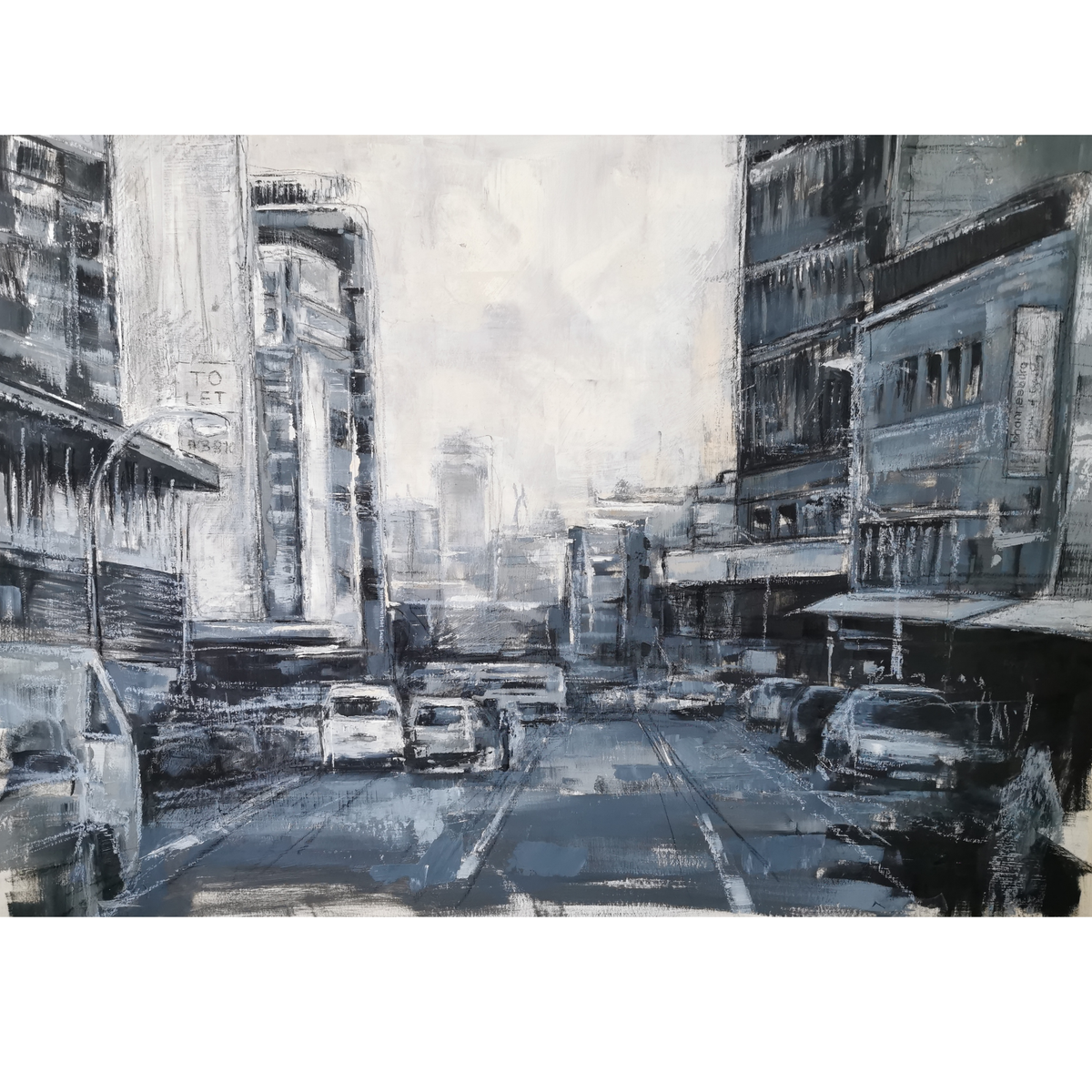An impressionistic black, white, and gray city street painting with tall buildings, cars, and a hazy urban atmosphere.