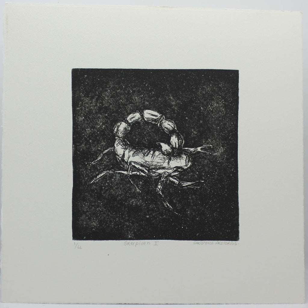 Scorpion I etching print 1/4, hand-pulled intaglio on paper, signed by Christelle Pretorius
